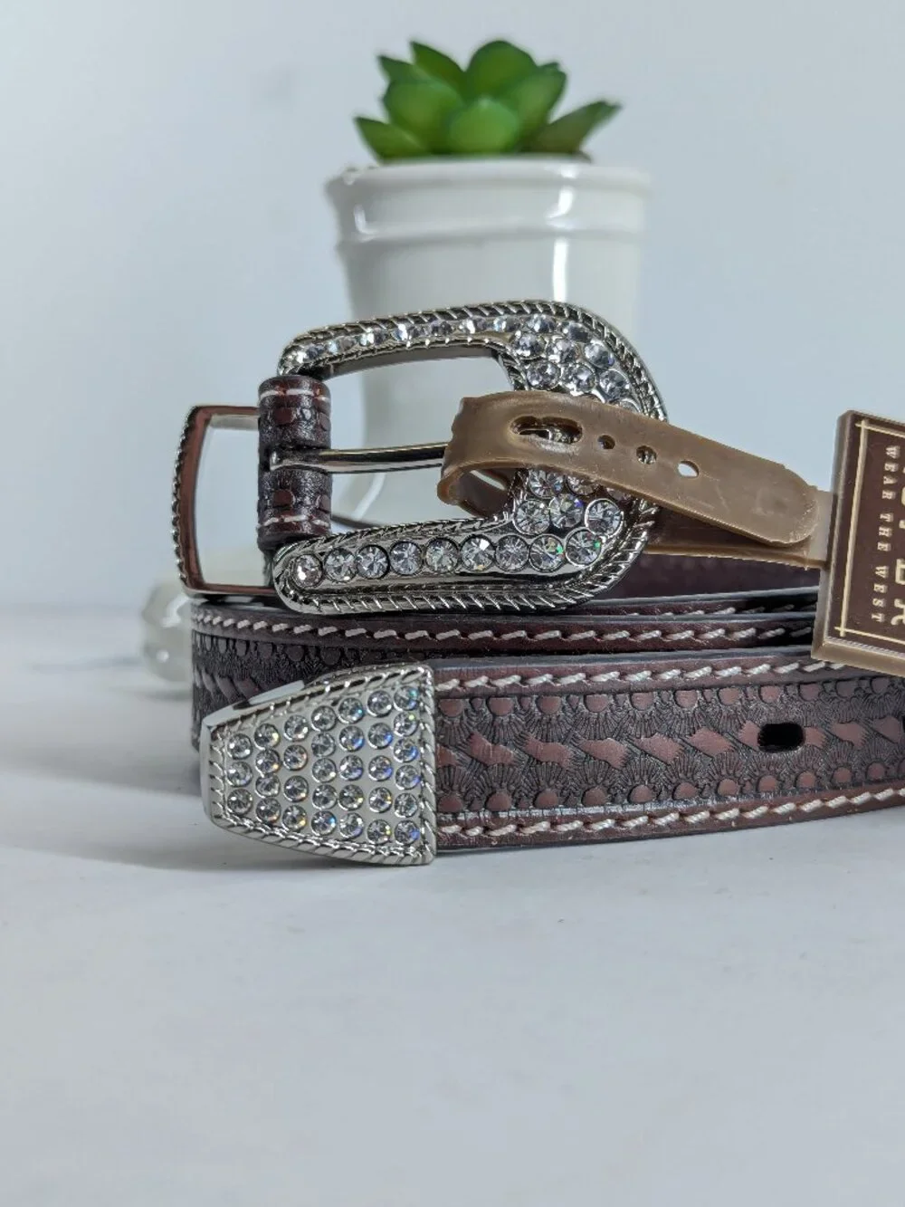 Roper Ladies' XL Tan Leather Belt with Rhinestone Buckle